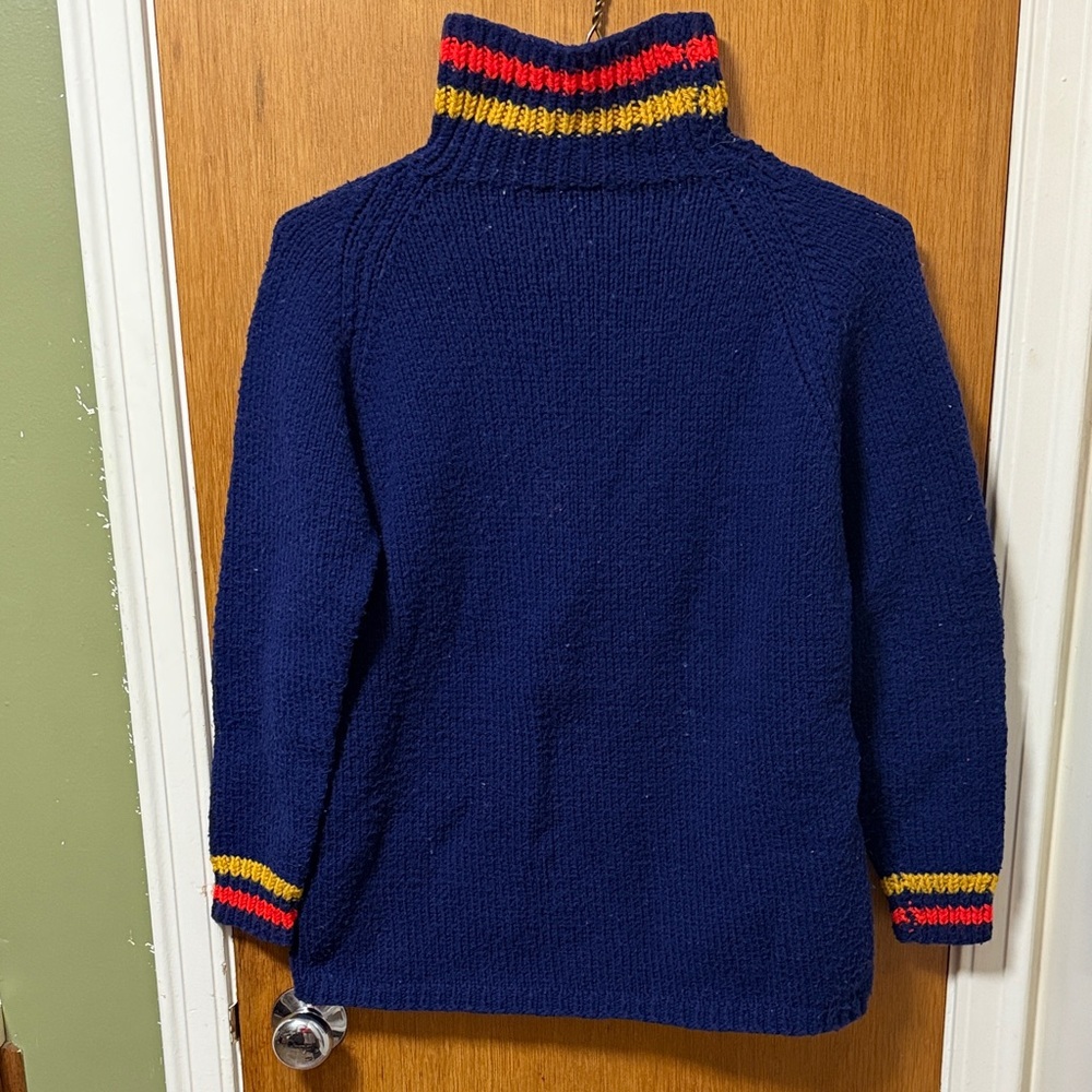 Navy Blue Turtleneck Sweater with Striped Accents Handmade